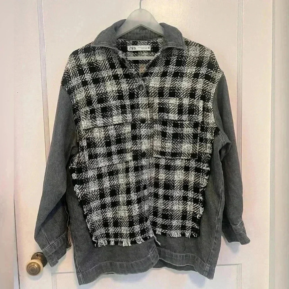 Zara Ladies Contrasting Denim Button Down Tweed Jacket Shirt Size XS Like New - Picture 1 of 7